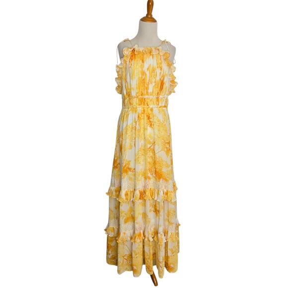 Anthropologie BHLDN Ava Yellow Ruffle Maxi Dress Chiffon Lace Women Large - Picture 2 of 15